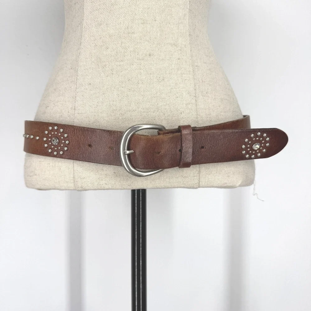 Express Women Vintage Brown Leather Studded Rhinestone Belt Silver Buckle S 90s